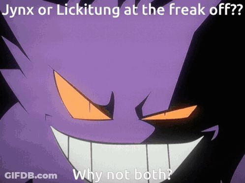 A Picture Of A Purple Monster With The Words Jynx Or Licking At The Freak Off Why Not Both GIF