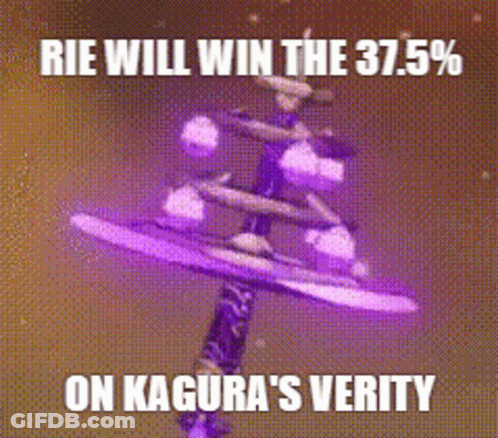 A Picture Of A Purple Sword With The Words `` Rie Will Win The 37.5 % On Kagura 'S Verity '' GIF