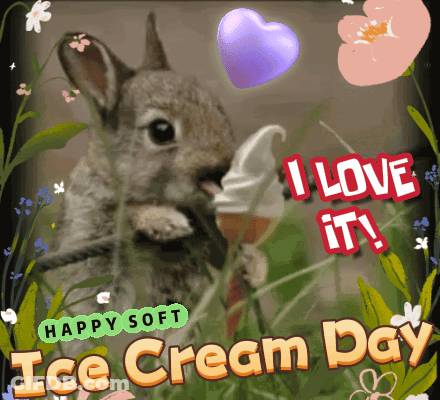 A Picture Of A Rabbit Eating An Ice Cream Cone With The Words " Happy Soft Ice Cream Day " Below It GIF