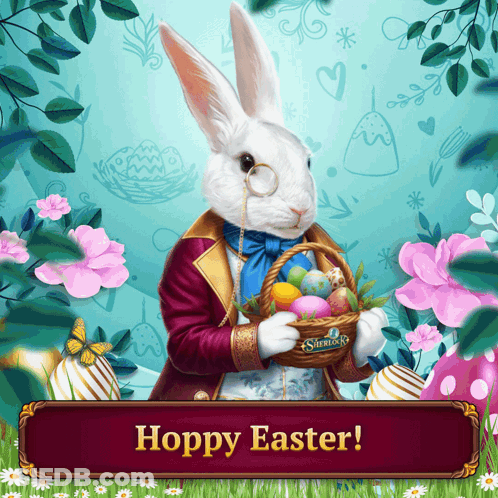 A Picture Of A Rabbit Holding A Basket Of Easter Eggs GIF
