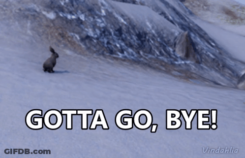A Picture Of A Rabbit On A Snowy Hill With The Words Gotta Go Bye GIF