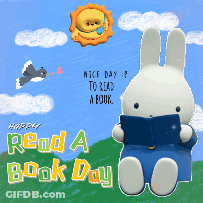 A Picture Of A Rabbit Reading A Book With The Words Read A Book Day GIF
