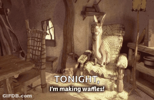 A Picture Of A Rabbit Sitting In A Chair With The Words Tonight I 'M Making Waffles On The Bottom GIF