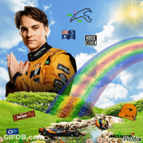 A Picture Of A Race Car Driver With A Rainbow In The Background And The Words House Music On It GIF