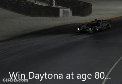 A Picture Of A Race Car On A Track With The Words Win Daytona At Age 80 GIF