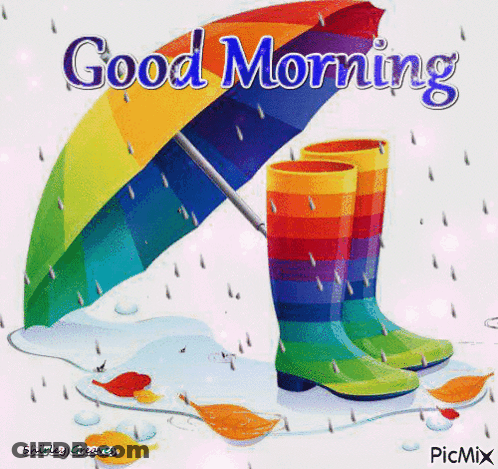 A Picture Of A Rainbow Colored Umbrella And Rain Boots With The Words Good Morning Written On It GIF