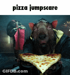 A Picture Of A Rat Holding A Slice Of Pizza With The Words Pizza Jumpscare Above It GIF