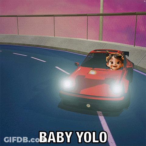 A Picture Of A Red Car With The Words Baby Yolo On The Bottom Right GIF