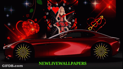 A Picture Of A Red Car With The Words Newlivewallpapers On The Bottom GIF