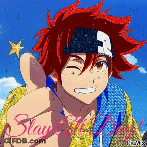 A Picture Of A Red Haired Anime Character Giving A Thumbs Up With The Words Stay Cool Day Written Below Him GIF