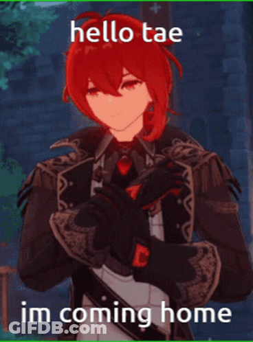 A Picture Of A Red Haired Anime Character With The Words Hello Tae Im Coming Home Below It GIF
