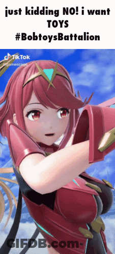 A Picture Of A Red Haired Anime Girl With The Caption Just Kidding No I Want Toys #Bobtoysbattalion GIF