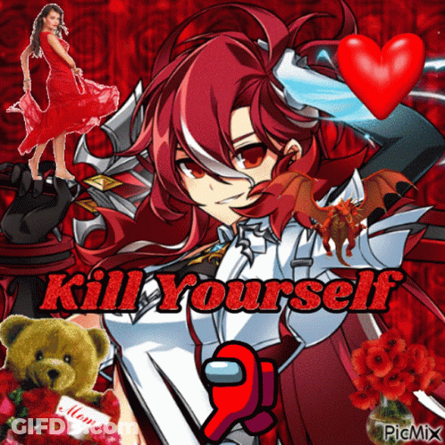 A Picture Of A Red Haired Anime Girl With The Words Kill Yourself On It GIF