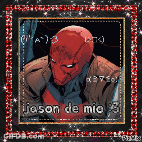 A Picture Of A Red Hood With The Words Jason De Mio 3 On It GIF