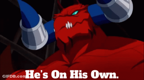 Red Monster With Blue Horns And On His Own GIF