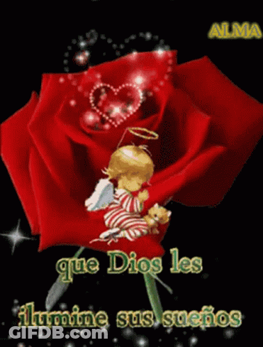 A Picture Of A Red Rose With An Angel On It GIF