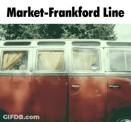 A Picture Of A Red Van With The Words Market-Frankford Line Below It GIF