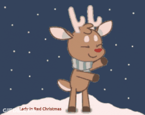 A Picture Of A Reindeer With The Words Lady In Red Christmas On The Bottom GIF