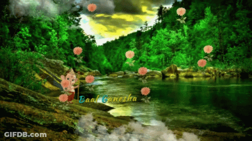 A Picture Of A River With Flowers And The Words " Baar Ganesha " On The Bottom GIF