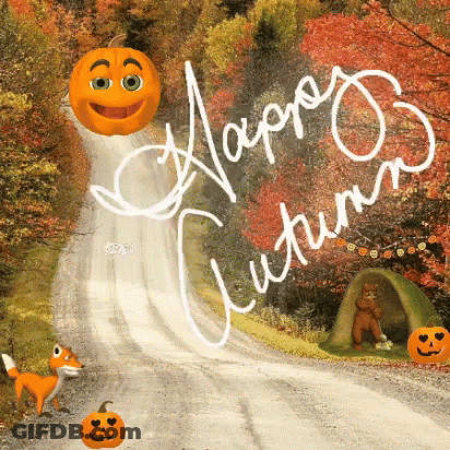 A Picture Of A Road With The Words Happy Autumn Written On The Bottom GIF