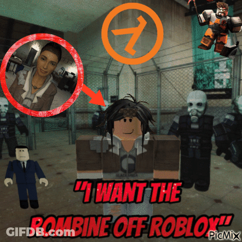 A Picture Of A Roblox Character With The Words " I Want The Rombine Off Roblox " On The Bottom GIF