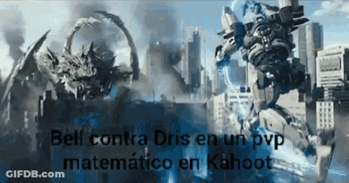 A Picture Of A Robot Fighting A Dragon With The Words Bell Contra Dris En Un Pvp Matematico En Kahoot GIF