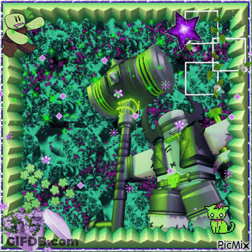 A Picture Of A Robot Holding A Hammer With A Purple Star In The Middle GIF