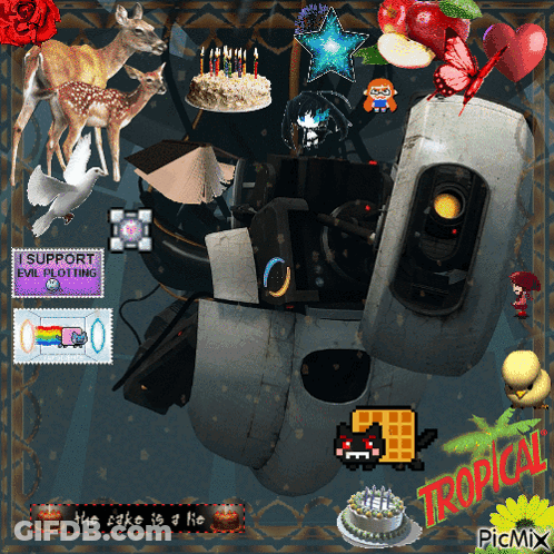 A Picture Of A Robot With A Birthday Cake And A Stamp That Says I Support Evil Plotting On It GIF
