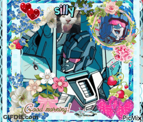 A Picture Of A Robot With Flowers And Hearts And The Words Good Morning GIF