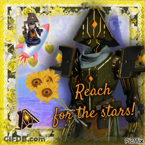 A Picture Of A Robot With Flowers And The Words Reach For The Stars GIF