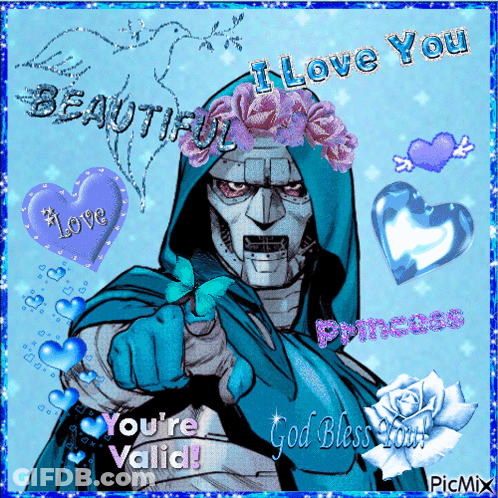 A Picture Of A Robot With Flowers On His Head And The Words " I Love You " At The Top GIF