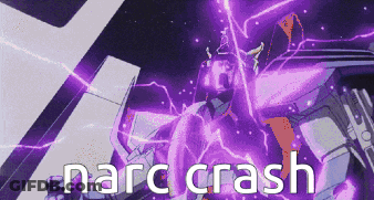 A Picture Of A Robot With Purple Lightning And The Words Narcis Crash On The Bottom GIF
