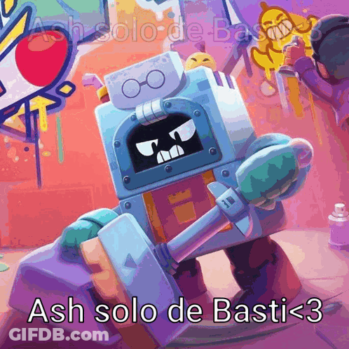 A Picture Of A Robot With The Words Ash Solo De Basti < 3 At The Bottom GIF