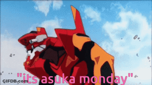 A Picture Of A Robot With The Words " It 'S Asuka Monday " Below It GIF