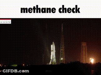 A Picture Of A Rocket Being Launched At Night With The Words " Methane Check " Below It GIF