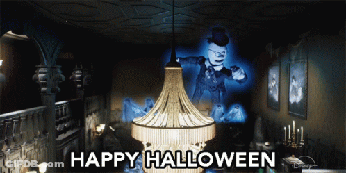 A Picture Of A Room With A Ghost And The Words Happy Halloween GIF