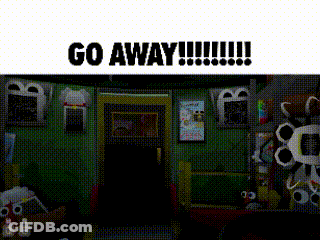 A Picture Of A Room With Stuffed Animals And The Words Go Away GIF