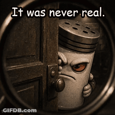 A Picture Of A Salt Shaker Peeking Out Of A Door With The Caption " It Was Never Real " GIF