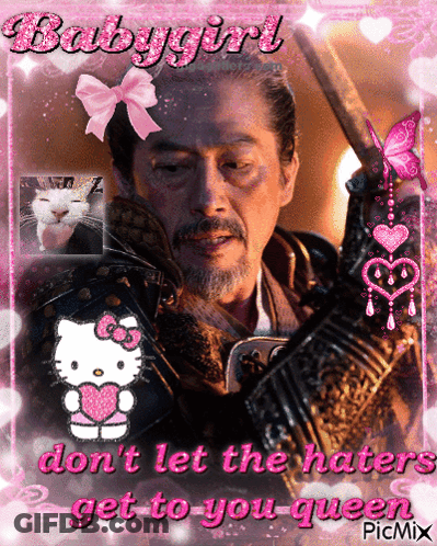 A Picture Of A Samurai Holding A Sword With A Hello Kitty Sticker On It GIF