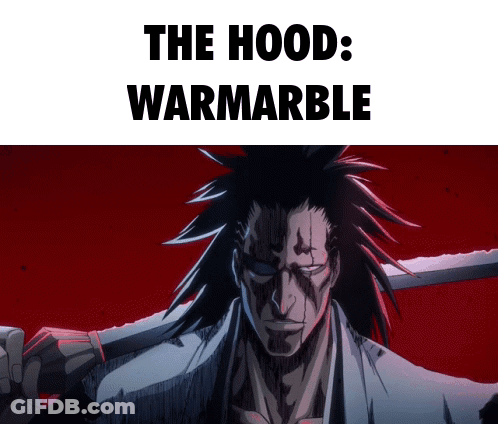 A Picture Of A Samurai Holding A Sword With The Words " The Hood Warmarble " Above Him GIF
