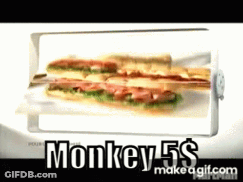 A Picture Of A Sandwich With The Words " Monkey 5 $ " On It GIF