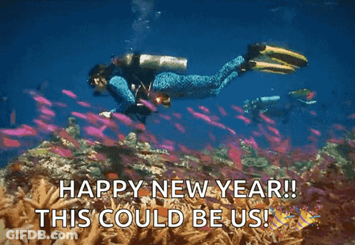 A Picture Of A Scuba Diver In The Ocean With The Words Happy New Year GIF