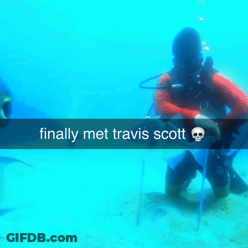 A Picture Of A Scuba Diver With The Words Finally Met Travis Scott GIF