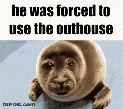 A Picture Of A Seal With The Words He Was Forced To Use The Outhouse Above It GIF