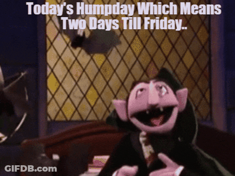 A Picture Of A Sesame Street Character With The Caption Today 'S Humpday Which Means Two Days Till Friday GIF