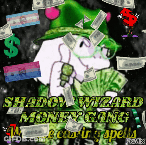 A Picture Of A Shadow Wizard Holding A Microphone With Money Falling Around Him GIF
