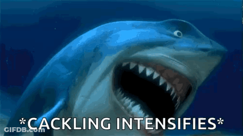 A Picture Of A Shark With Its Mouth Open And The Words " Cackling Intensifies " Below It GIF