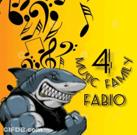 A Picture Of A Shark With Music Notes Behind It And The Name Fabio On The Bottom GIF