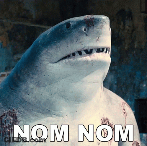 A Picture Of A Shark With The Words Nom Nom Written Below It GIF