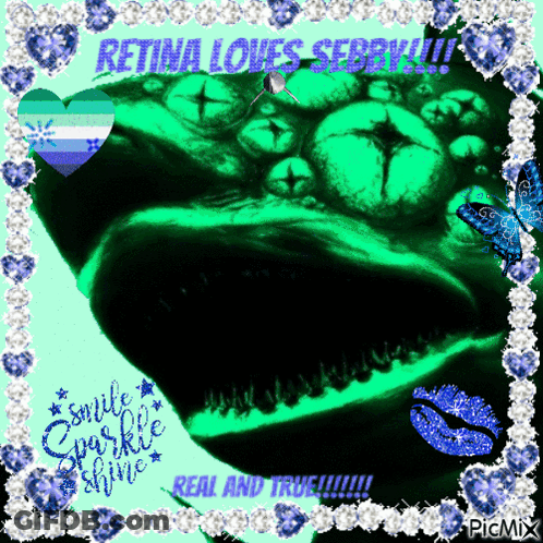 A Picture Of A Shark With The Words " Retina Loves Sorrow " On It GIF